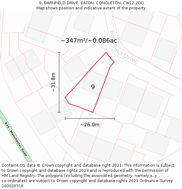 9, BARNFIELD DRIVE, EATON, CONGLETON, CW12 2GQ: Plot and title map