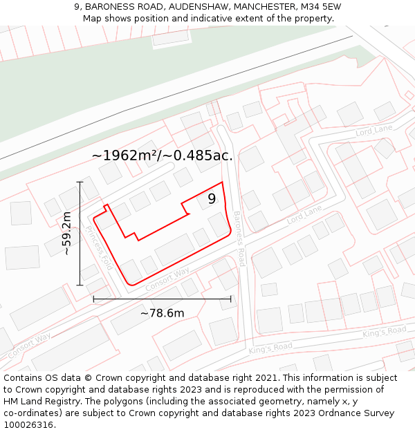 9, BARONESS ROAD, AUDENSHAW, MANCHESTER, M34 5EW: Plot and title map