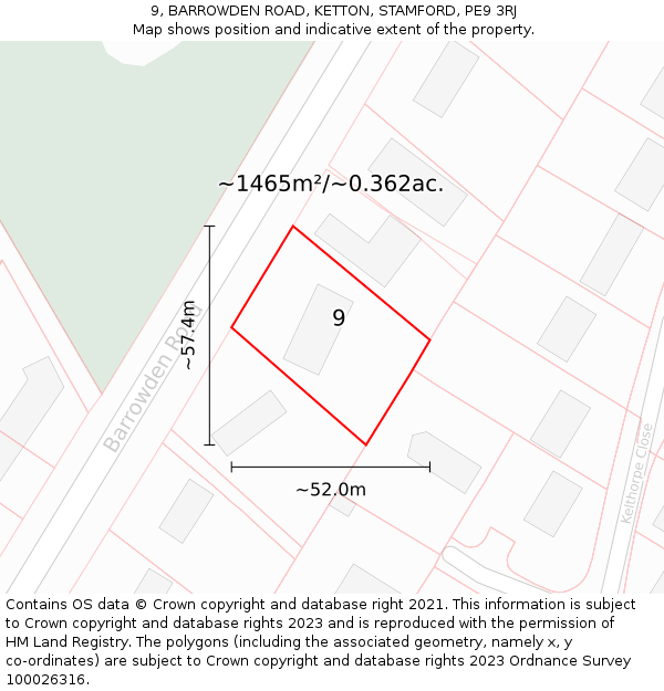 9, BARROWDEN ROAD, KETTON, STAMFORD, PE9 3RJ: Plot and title map