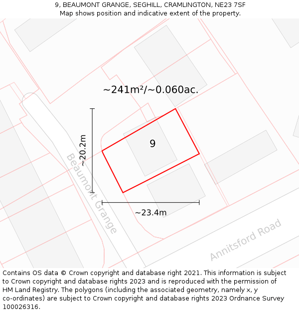 9, BEAUMONT GRANGE, SEGHILL, CRAMLINGTON, NE23 7SF: Plot and title map