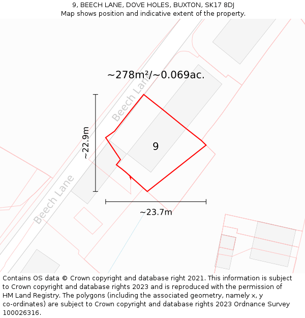 9, BEECH LANE, DOVE HOLES, BUXTON, SK17 8DJ: Plot and title map