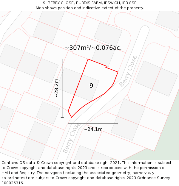 9, BERRY CLOSE, PURDIS FARM, IPSWICH, IP3 8SP: Plot and title map