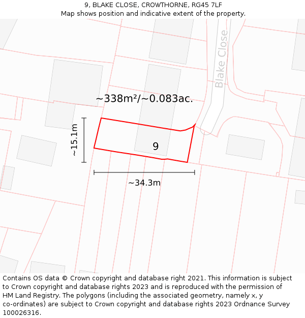 9, BLAKE CLOSE, CROWTHORNE, RG45 7LF: Plot and title map