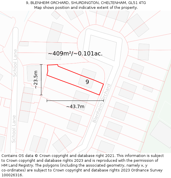 9, BLENHEIM ORCHARD, SHURDINGTON, CHELTENHAM, GL51 4TG: Plot and title map