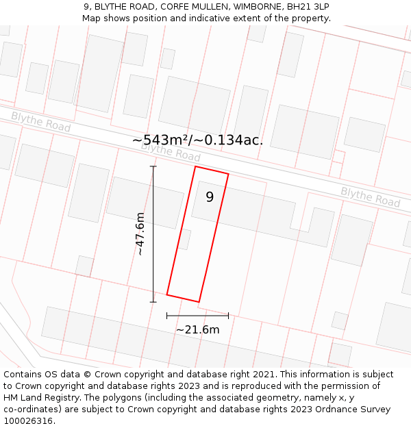 9, BLYTHE ROAD, CORFE MULLEN, WIMBORNE, BH21 3LP: Plot and title map