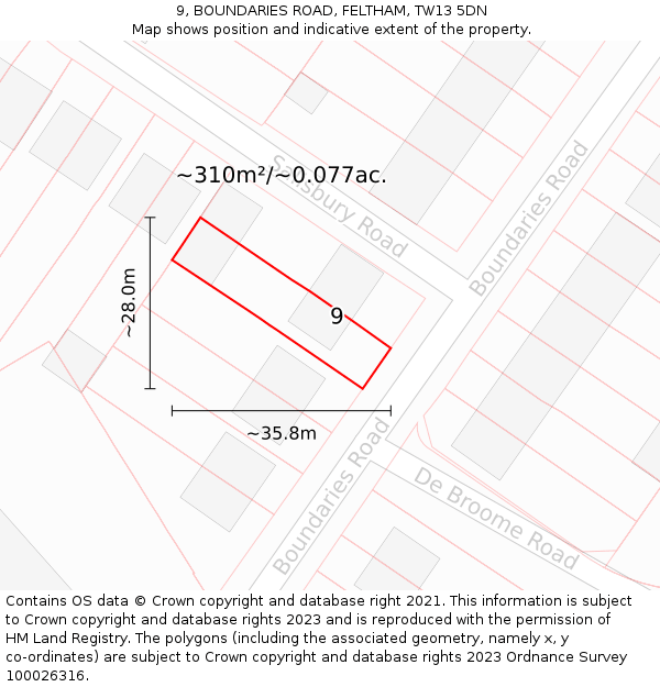 9, BOUNDARIES ROAD, FELTHAM, TW13 5DN: Plot and title map