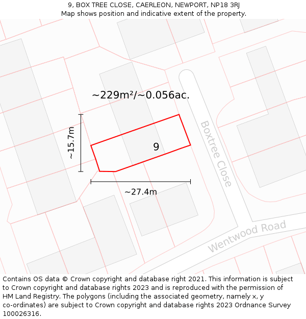 9, BOX TREE CLOSE, CAERLEON, NEWPORT, NP18 3RJ: Plot and title map