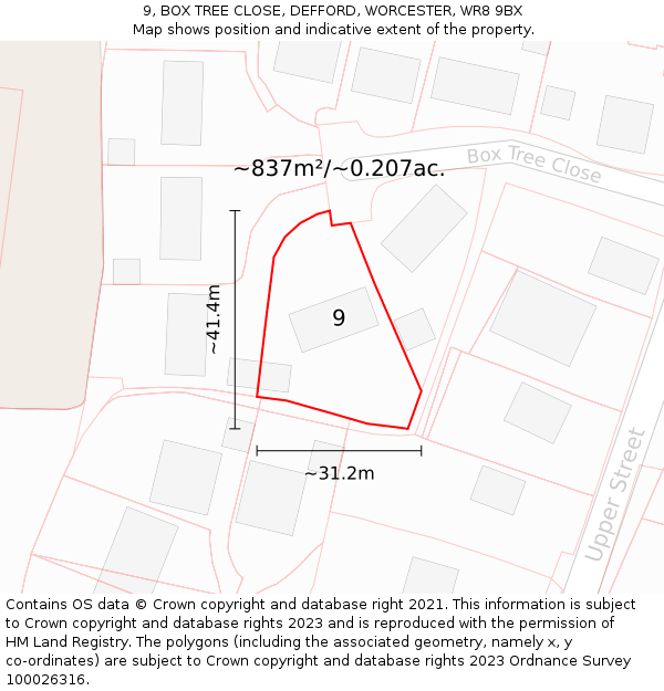 9, BOX TREE CLOSE, DEFFORD, WORCESTER, WR8 9BX: Plot and title map