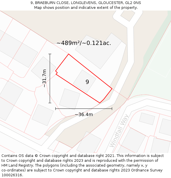 9, BRAEBURN CLOSE, LONGLEVENS, GLOUCESTER, GL2 0NS: Plot and title map