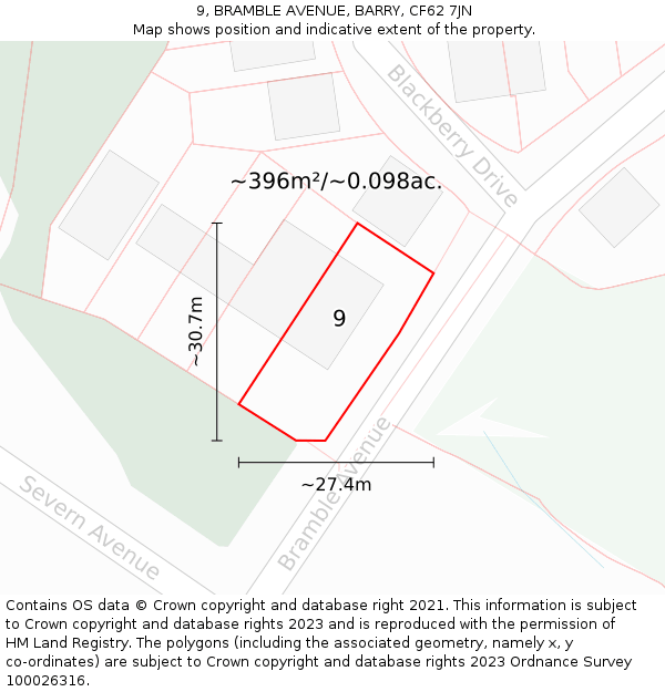 9, BRAMBLE AVENUE, BARRY, CF62 7JN: Plot and title map