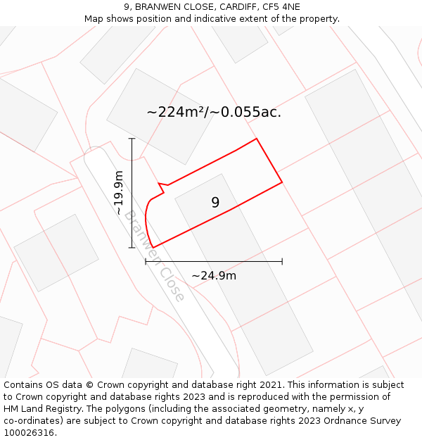 9, BRANWEN CLOSE, CARDIFF, CF5 4NE: Plot and title map