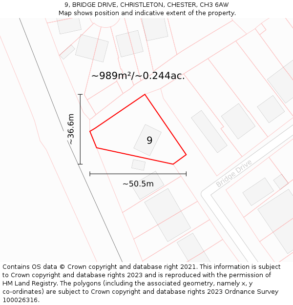 9, BRIDGE DRIVE, CHRISTLETON, CHESTER, CH3 6AW: Plot and title map