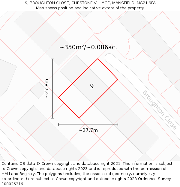 9, BROUGHTON CLOSE, CLIPSTONE VILLAGE, MANSFIELD, NG21 9FA: Plot and title map