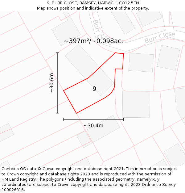 9, BURR CLOSE, RAMSEY, HARWICH, CO12 5EN: Plot and title map