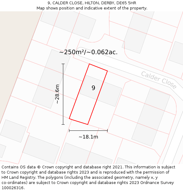 9, CALDER CLOSE, HILTON, DERBY, DE65 5HR: Plot and title map