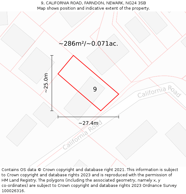 9, CALIFORNIA ROAD, FARNDON, NEWARK, NG24 3SB: Plot and title map