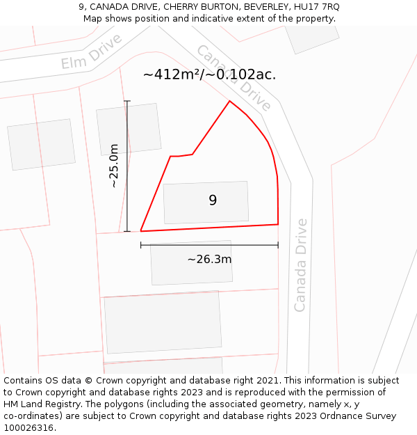 9, CANADA DRIVE, CHERRY BURTON, BEVERLEY, HU17 7RQ: Plot and title map