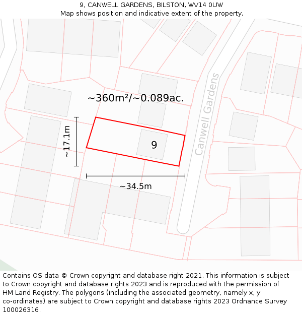 9, CANWELL GARDENS, BILSTON, WV14 0UW: Plot and title map