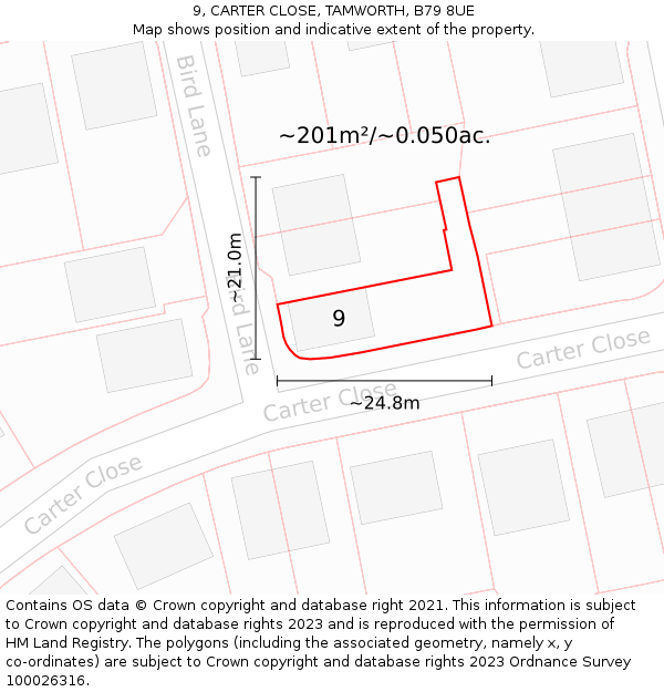 9, CARTER CLOSE, TAMWORTH, B79 8UE: Plot and title map