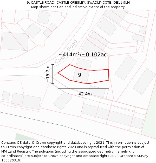 9, CASTLE ROAD, CASTLE GRESLEY, SWADLINCOTE, DE11 9LH: Plot and title map