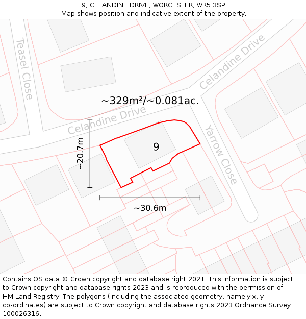 9, CELANDINE DRIVE, WORCESTER, WR5 3SP: Plot and title map