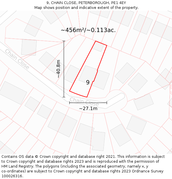 9, CHAIN CLOSE, PETERBOROUGH, PE1 4EY: Plot and title map