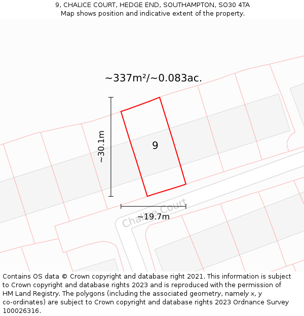 9, CHALICE COURT, HEDGE END, SOUTHAMPTON, SO30 4TA: Plot and title map