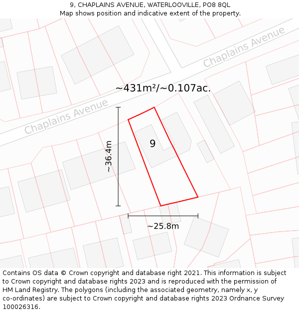 9, CHAPLAINS AVENUE, WATERLOOVILLE, PO8 8QL: Plot and title map