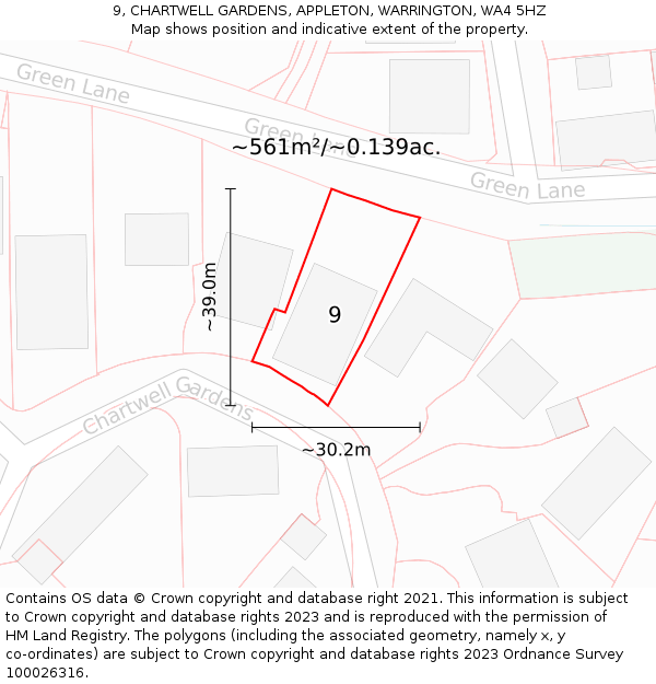 9, CHARTWELL GARDENS, APPLETON, WARRINGTON, WA4 5HZ: Plot and title map