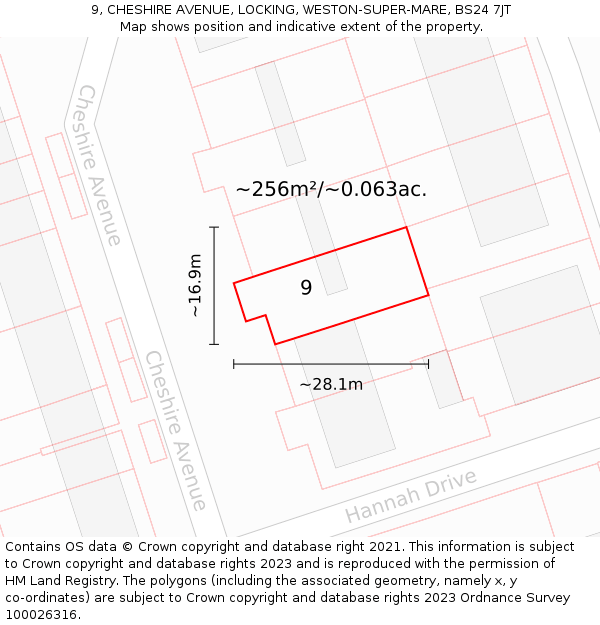 9, CHESHIRE AVENUE, LOCKING, WESTON-SUPER-MARE, BS24 7JT: Plot and title map