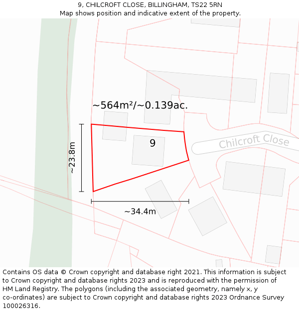 9, CHILCROFT CLOSE, BILLINGHAM, TS22 5RN: Plot and title map