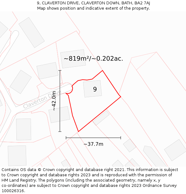 9, CLAVERTON DRIVE, CLAVERTON DOWN, BATH, BA2 7AJ: Plot and title map