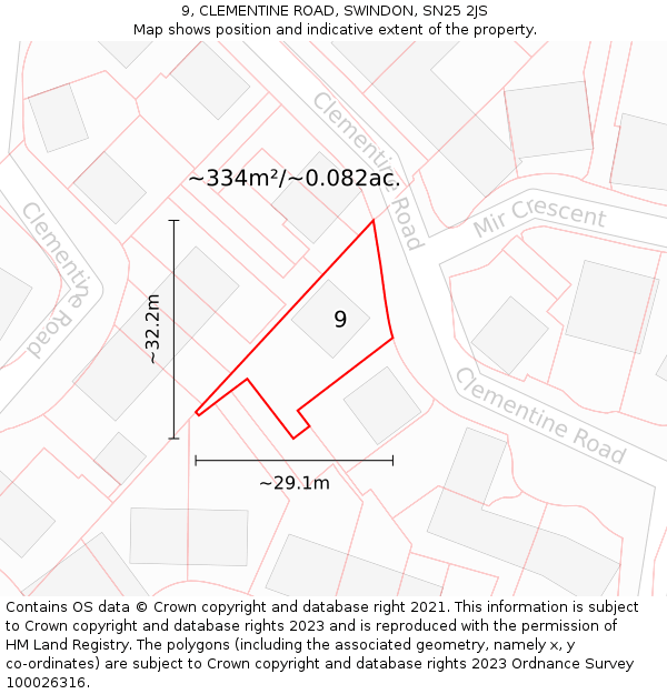 9, CLEMENTINE ROAD, SWINDON, SN25 2JS: Plot and title map