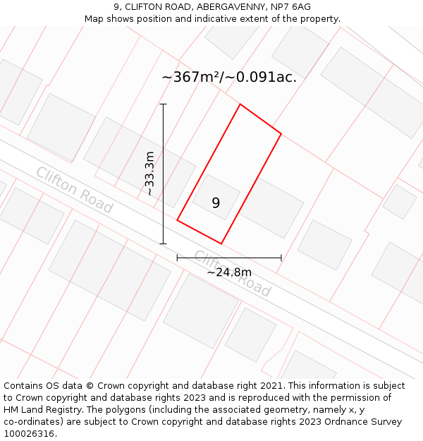 9, CLIFTON ROAD, ABERGAVENNY, NP7 6AG: Plot and title map