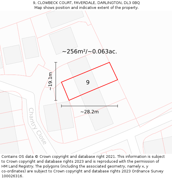 9, CLOWBECK COURT, FAVERDALE, DARLINGTON, DL3 0BQ: Plot and title map