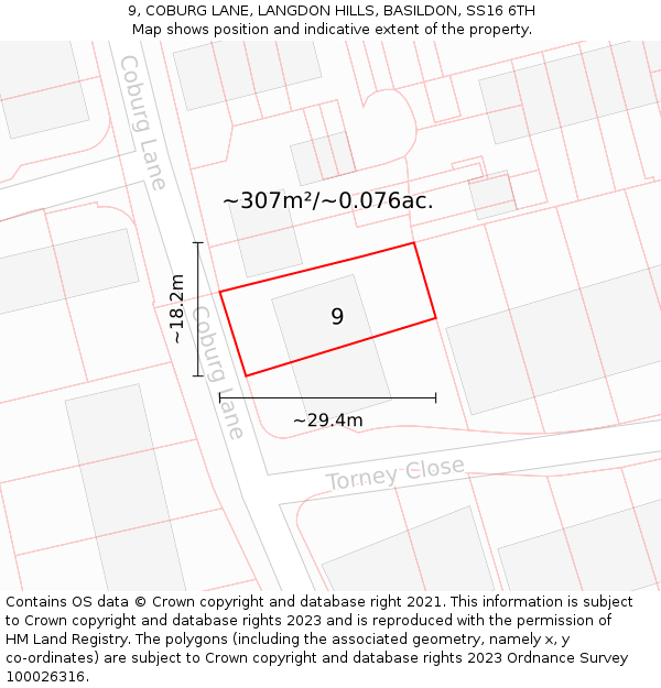 9, COBURG LANE, LANGDON HILLS, BASILDON, SS16 6TH: Plot and title map