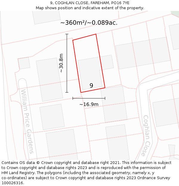 9, COGHLAN CLOSE, FAREHAM, PO16 7YE: Plot and title map