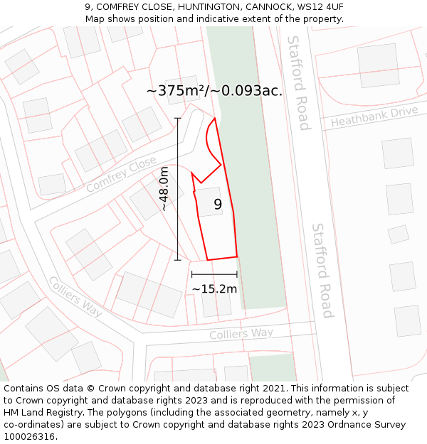 9, COMFREY CLOSE, HUNTINGTON, CANNOCK, WS12 4UF: Plot and title map