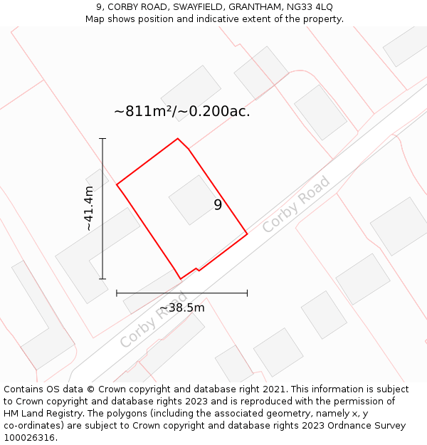 9, CORBY ROAD, SWAYFIELD, GRANTHAM, NG33 4LQ: Plot and title map