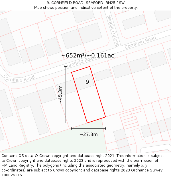 9, CORNFIELD ROAD, SEAFORD, BN25 1SW: Plot and title map