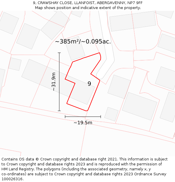 9, CRAWSHAY CLOSE, LLANFOIST, ABERGAVENNY, NP7 9FF: Plot and title map