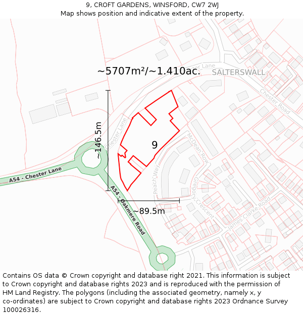 9, CROFT GARDENS, WINSFORD, CW7 2WJ: Plot and title map