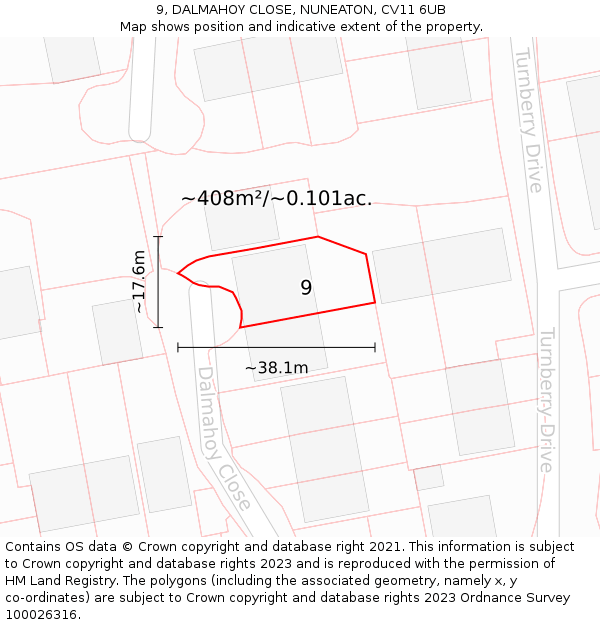 9, DALMAHOY CLOSE, NUNEATON, CV11 6UB: Plot and title map