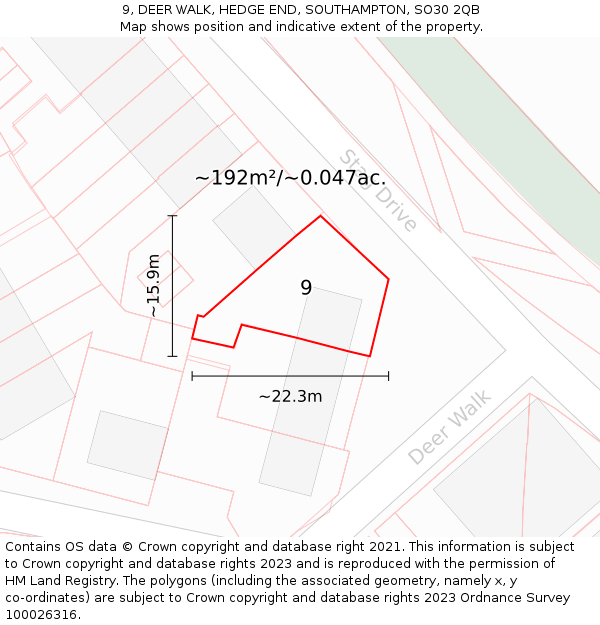 9, DEER WALK, HEDGE END, SOUTHAMPTON, SO30 2QB: Plot and title map