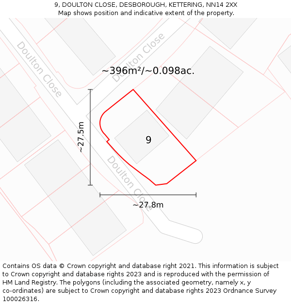 9, DOULTON CLOSE, DESBOROUGH, KETTERING, NN14 2XX: Plot and title map