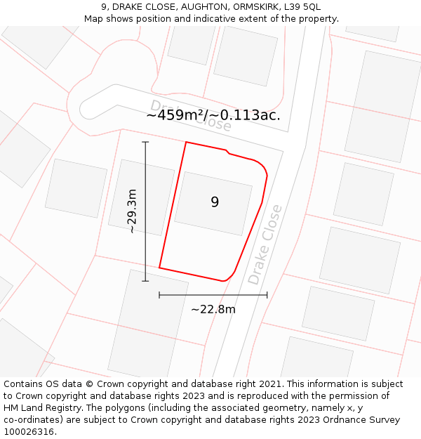 9, DRAKE CLOSE, AUGHTON, ORMSKIRK, L39 5QL: Plot and title map