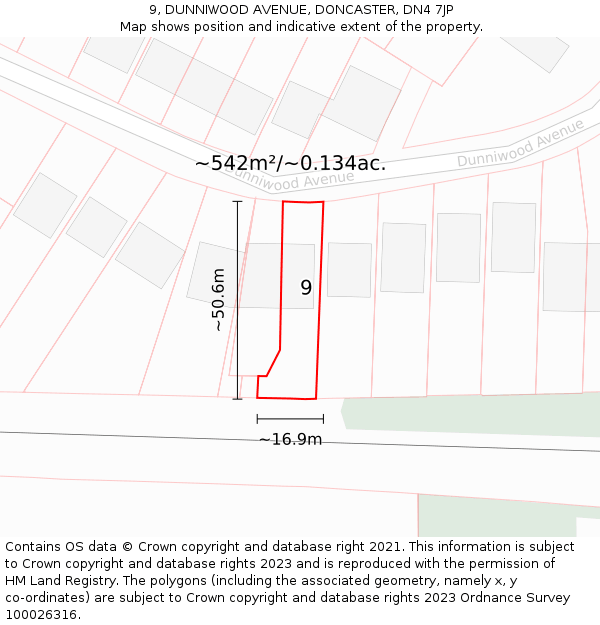 9, DUNNIWOOD AVENUE, DONCASTER, DN4 7JP: Plot and title map