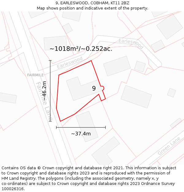 9, EARLESWOOD, COBHAM, KT11 2BZ: Plot and title map