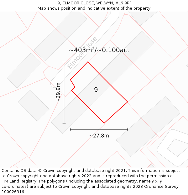 9, ELMOOR CLOSE, WELWYN, AL6 9PF: Plot and title map