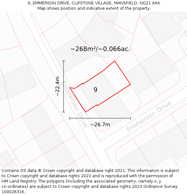 9, EMMERSON DRIVE, CLIPSTONE VILLAGE, MANSFIELD, NG21 9AX: Plot and title map